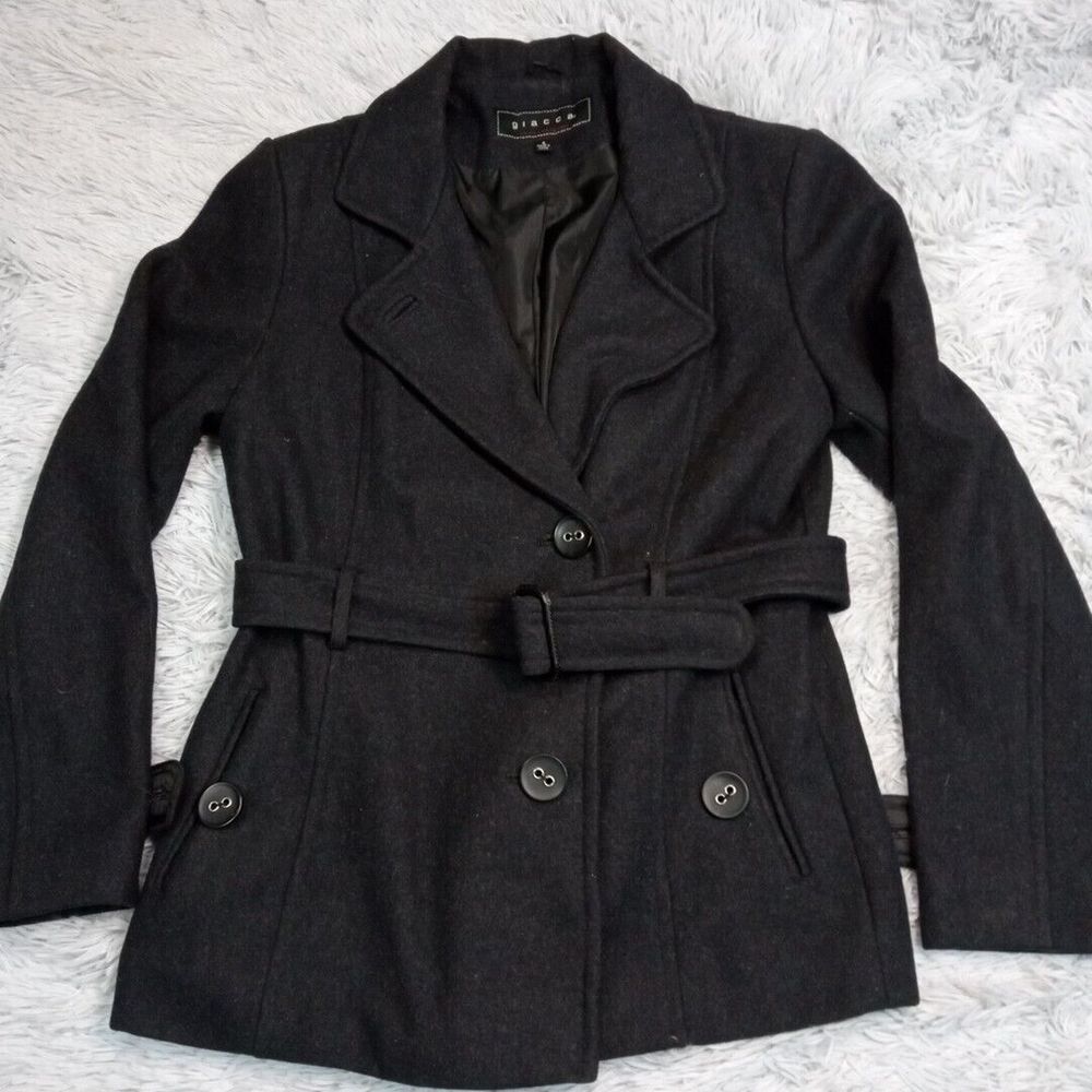 Giacca Jacket Womens S Gray Wool Blend Belt Pockets Coat Button Up Cozy Warm